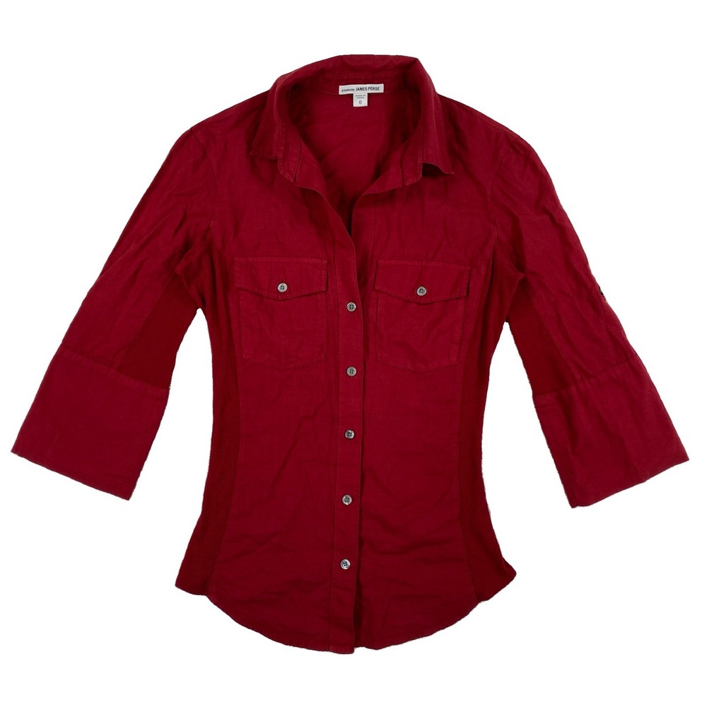 James Perse 3/4 Sleeve Down Shirt Women's Size 0 Red Cotton Ribbed Panels